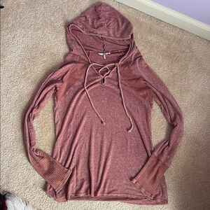 BKE Lace-Up Hooded Pullover in Dusty Mauve
